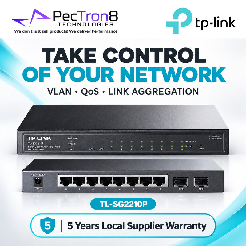 TP-Link Omada SG2210P 10-Port Gigabit Smart Switch with 8-Port PoE+, 2× Gigabit SFP, 61W PoE Budget, Omada SDN