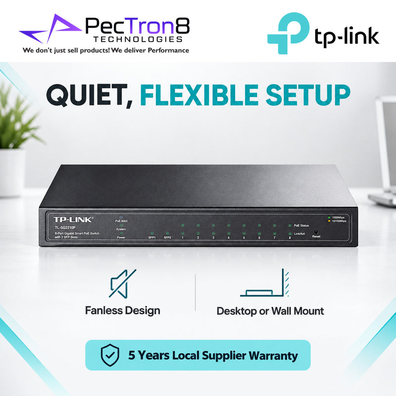 TP-Link Omada SG2210P 10-Port Gigabit Smart Switch with 8-Port PoE+, 2× Gigabit SFP, 61W PoE Budget, Omada SDN
