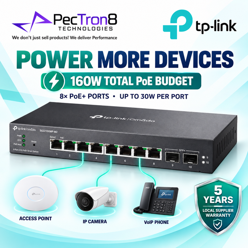 TP-Link Omada SG2210XMP-M2 8-Port 2.5G PoE+ L2+ Managed Switch – 2×10G SFP+, 160W PoE
