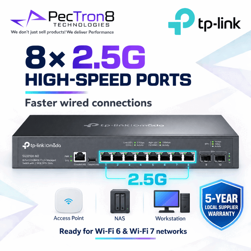 TP-Link SG3210X-M2 Omada 8-Port 2.5G L2+ Managed Switch with 2 × 10G SFP+ Slots, 80 Gbps Switching Capacity