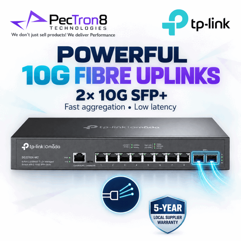 TP-Link SG3210X-M2 Omada 8-Port 2.5G L2+ Managed Switch with 2 × 10G SFP+ Slots, 80 Gbps Switching Capacity