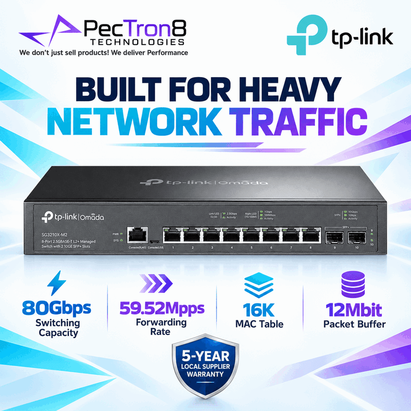 TP-Link SG3210X-M2 Omada 8-Port 2.5G L2+ Managed Switch with 2 × 10G SFP+ Slots, 80 Gbps Switching Capacity