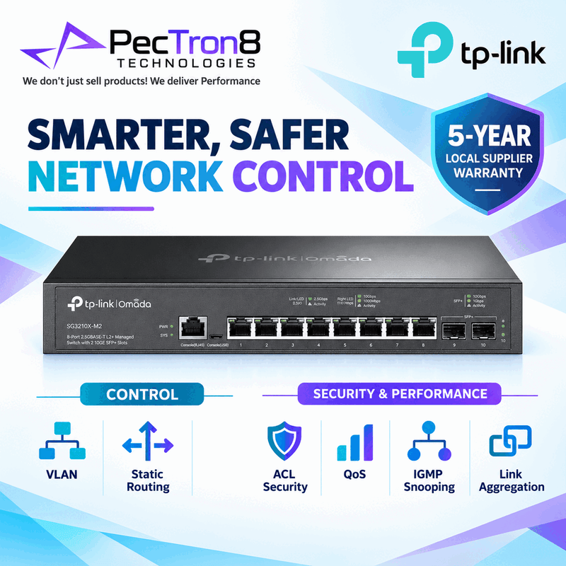 TP-Link SG3210X-M2 Omada 8-Port 2.5G L2+ Managed Switch with 2 × 10G SFP+ Slots, 80 Gbps Switching Capacity
