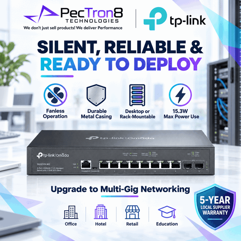 TP-Link SG3210X-M2 Omada 8-Port 2.5G L2+ Managed Switch with 2 × 10G SFP+ Slots, 80 Gbps Switching Capacity