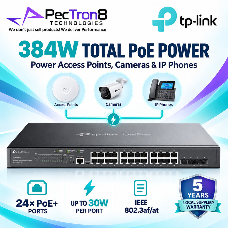 TP-Link Omada SG3428MP 28-Port Gigabit L2+ Managed PoE+ Switch – 24 PoE+ Ports, 4 SFP Slots, 384 W PoE Budget, Omada SDN