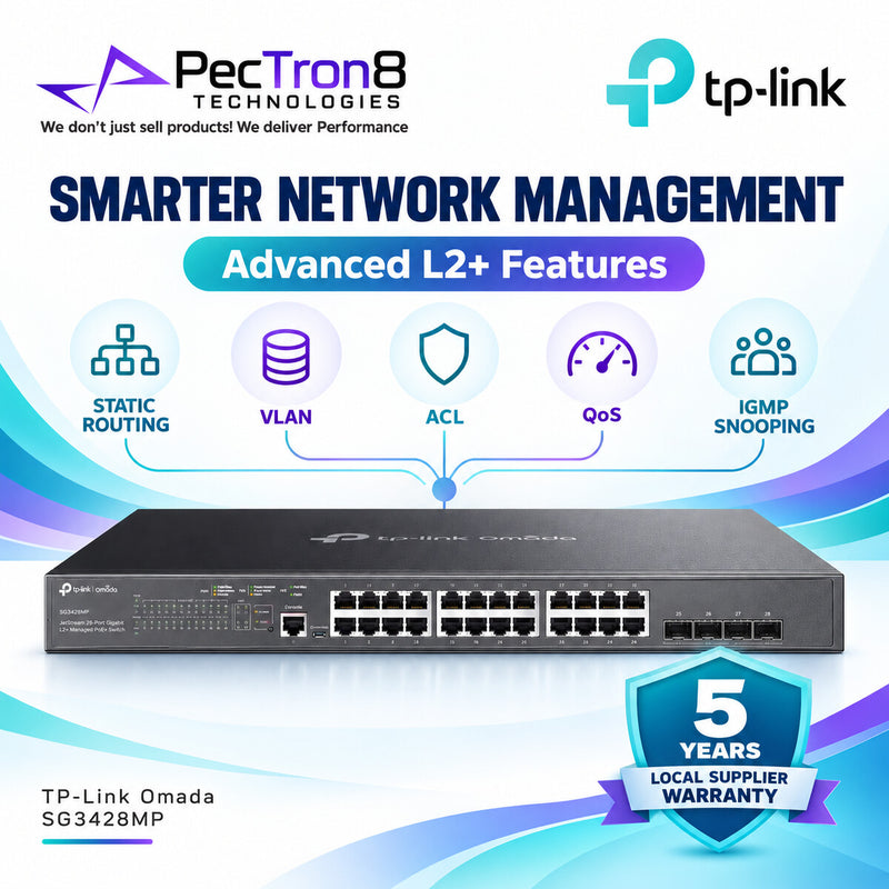 TP-Link Omada SG3428MP 28-Port Gigabit L2+ Managed PoE+ Switch – 24 PoE+ Ports, 4 SFP Slots, 384 W PoE Budget, Omada SDN