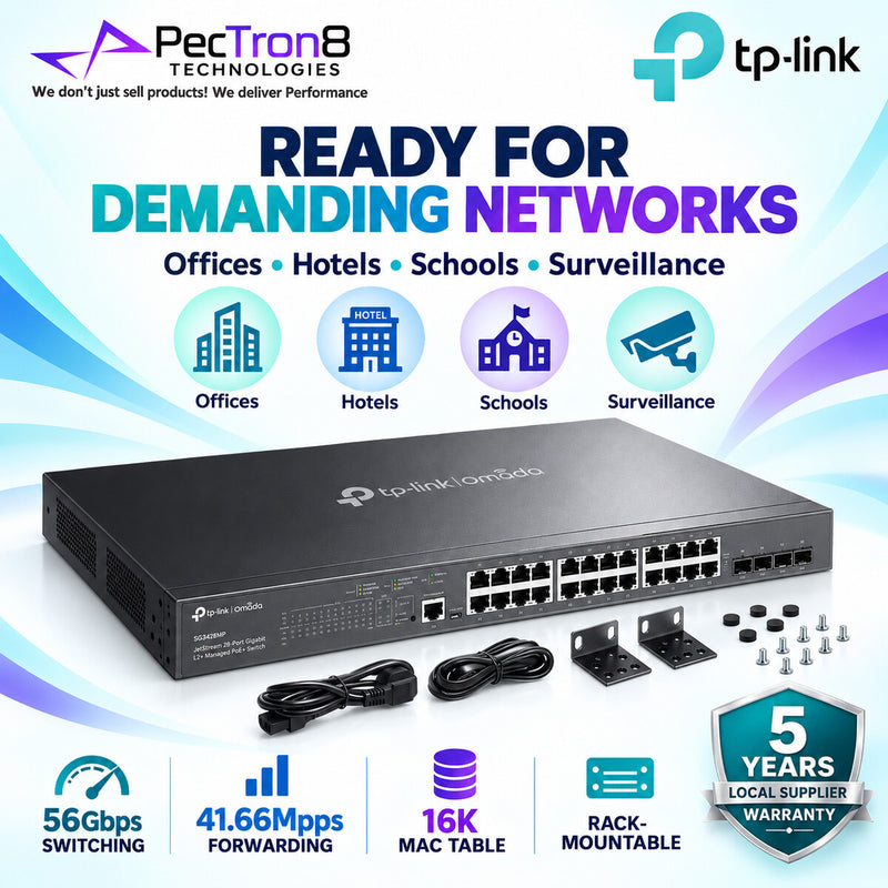 TP-Link Omada SG3428MP 28-Port Gigabit L2+ Managed PoE+ Switch – 24 PoE+ Ports, 4 SFP Slots, 384 W PoE Budget, Omada SDN