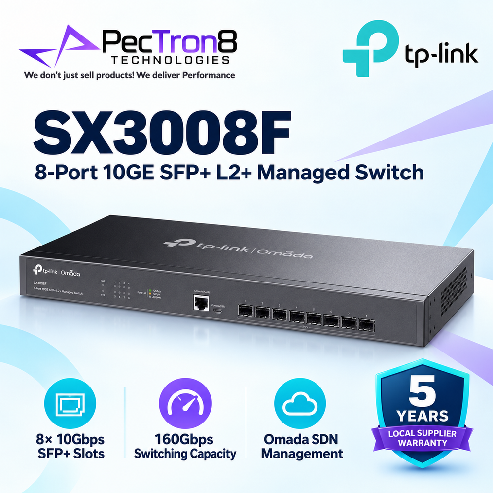 TP-Link Omada SX3008F 8-Port 10GE SFP+ L2+ Managed Switch – 160 Gbps, Omada SDN, Static Routing, Enterprise Fiber Switch