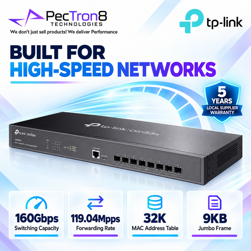 TP-Link Omada SX3008F 8-Port 10GE SFP+ L2+ Managed Switch – 160 Gbps, Omada SDN, Static Routing, Enterprise Fiber Switch