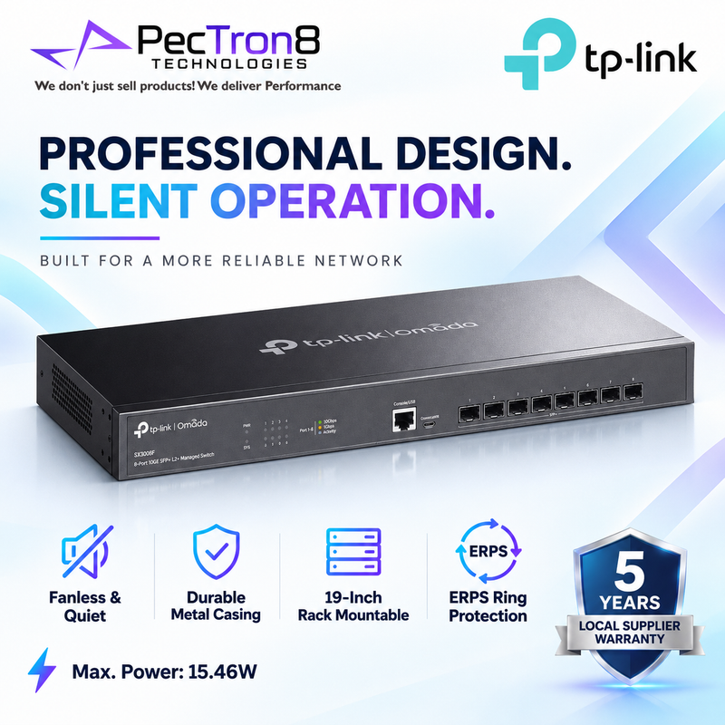 TP-Link Omada SX3008F 8-Port 10GE SFP+ L2+ Managed Switch – 160 Gbps, Omada SDN, Static Routing, Enterprise Fiber Switch