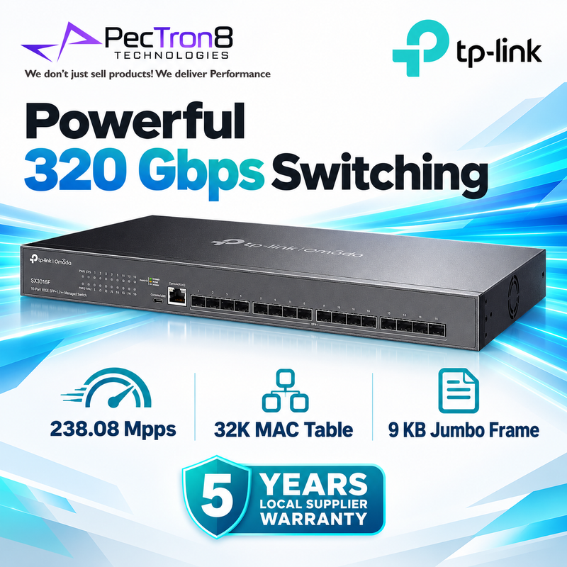 TP-Link Omada SX3016F 16-Port 10GE SFP+ L2+ Managed Switch – 320 Gbps, Static Routing, Omada SDN Cloud Management