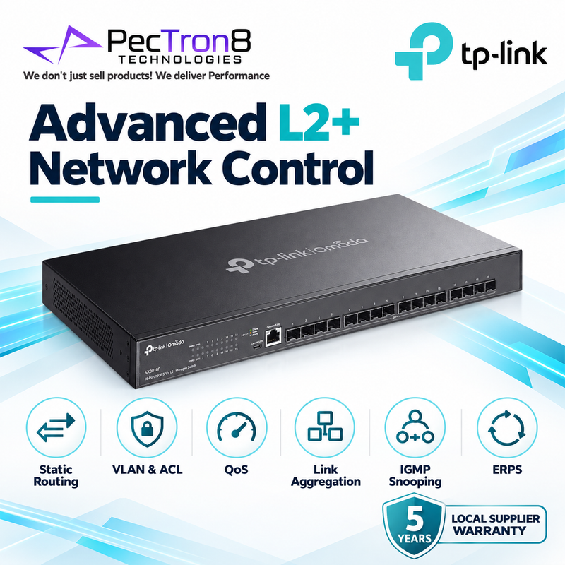 TP-Link Omada SX3016F 16-Port 10GE SFP+ L2+ Managed Switch – 320 Gbps, Static Routing, Omada SDN Cloud Management