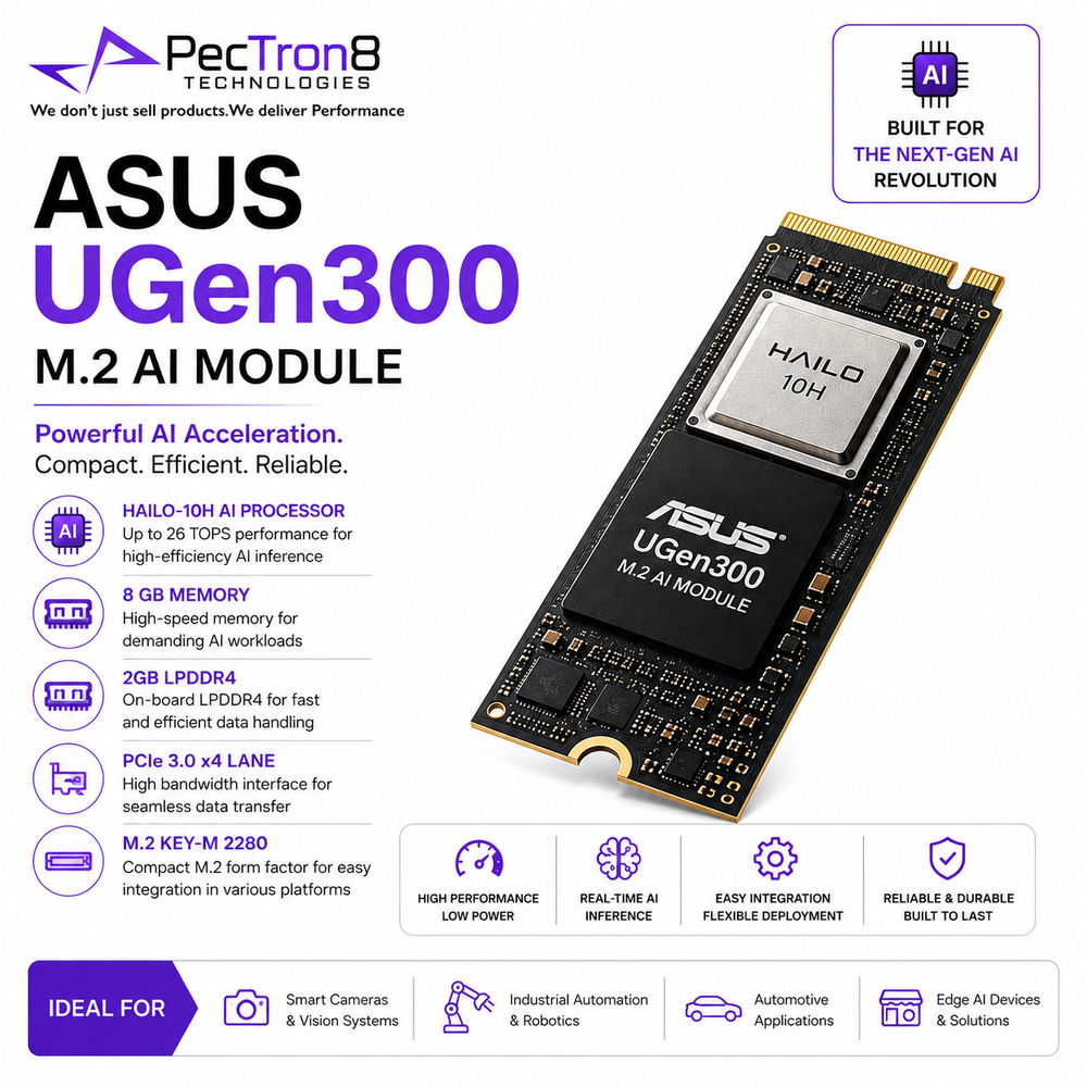 ASUS UGen300 M2 AI Module, Hailo-10H, 8 GB LPDDR4,2 GB LPDDR4X, PCIe3 x 4 lane, M.2 Key-M 2280