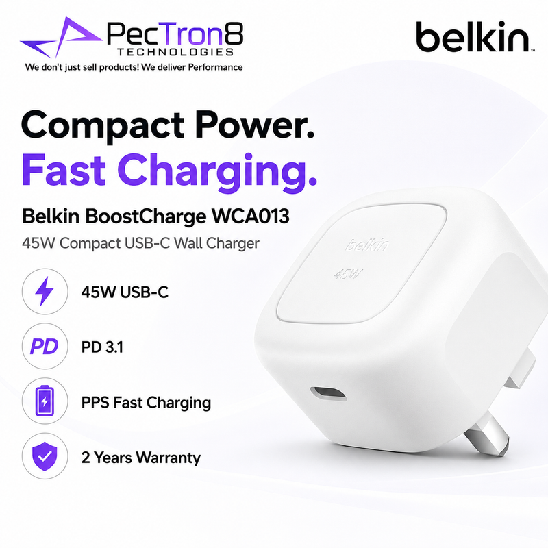 Belkin WCA013 Compact 45W USB-C Charger for iPhone, Samsung, iPad & Laptop