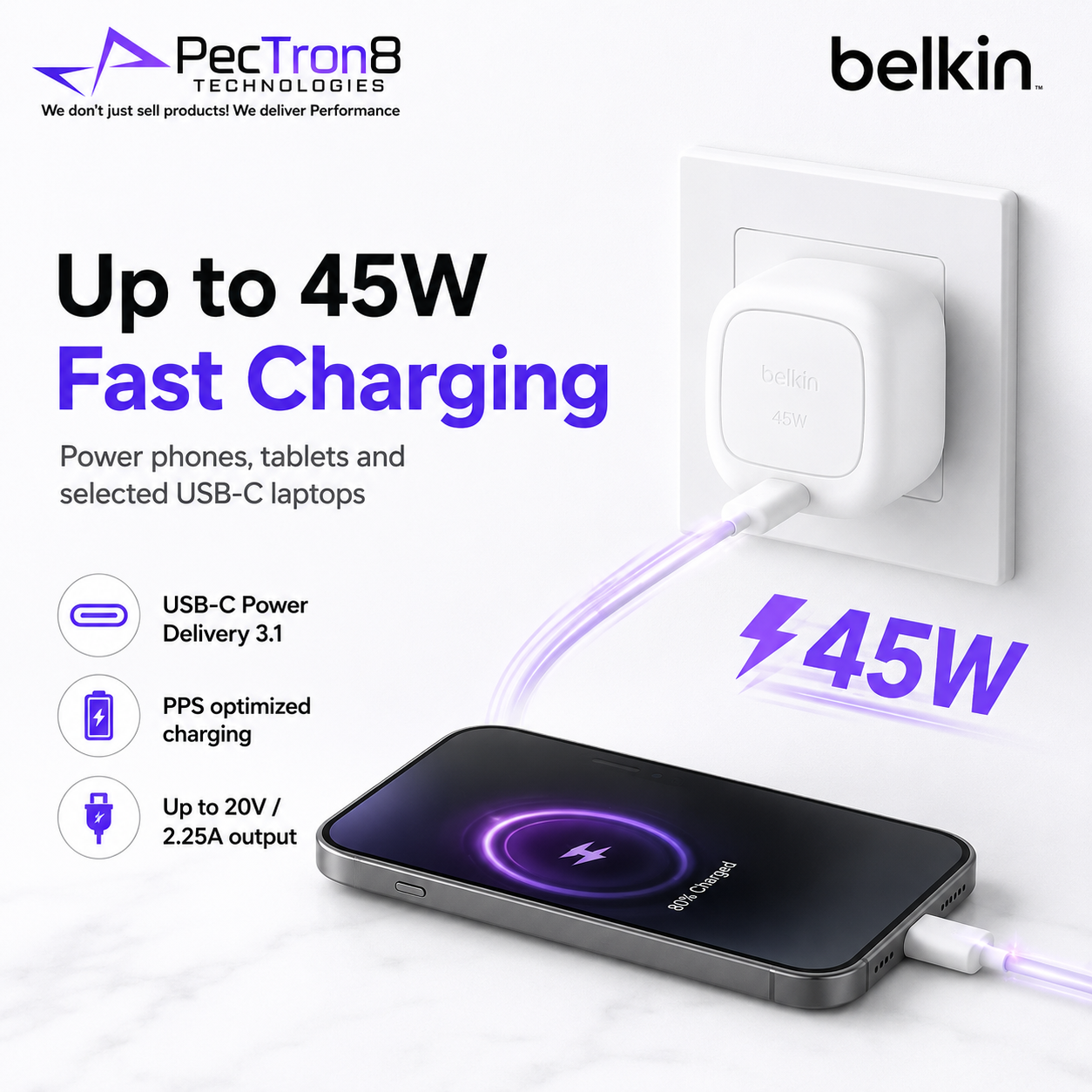 Belkin WCA013 Compact 45W USB-C Charger for iPhone, Samsung, iPad & Laptop