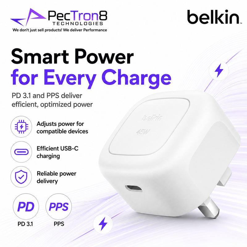 Belkin WCA013 Compact 45W USB-C Charger for iPhone, Samsung, iPad & Laptop