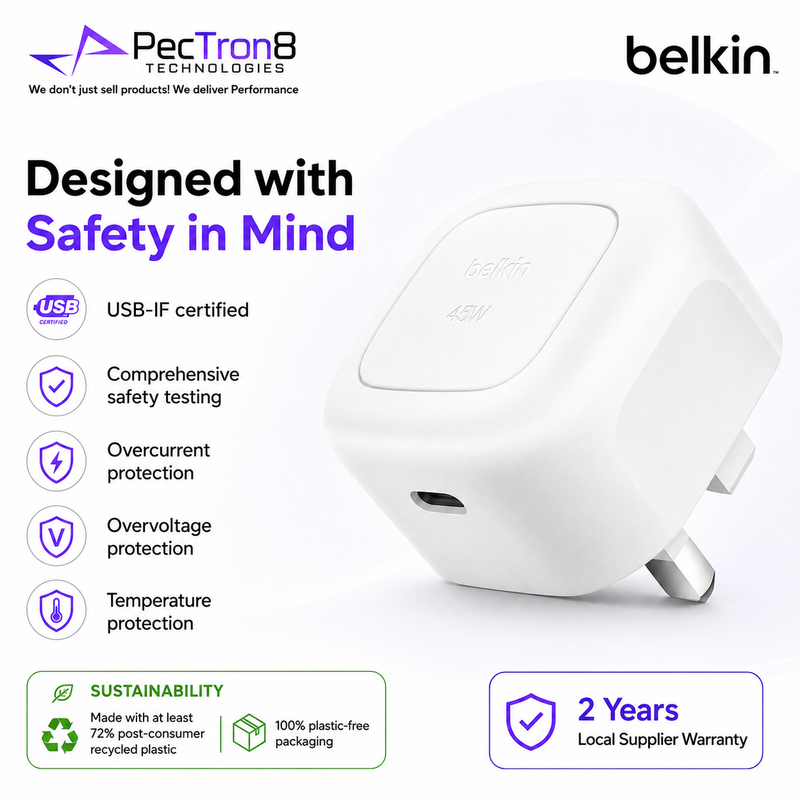 Belkin WCA013 Compact 45W USB-C Charger for iPhone, Samsung, iPad & Laptop