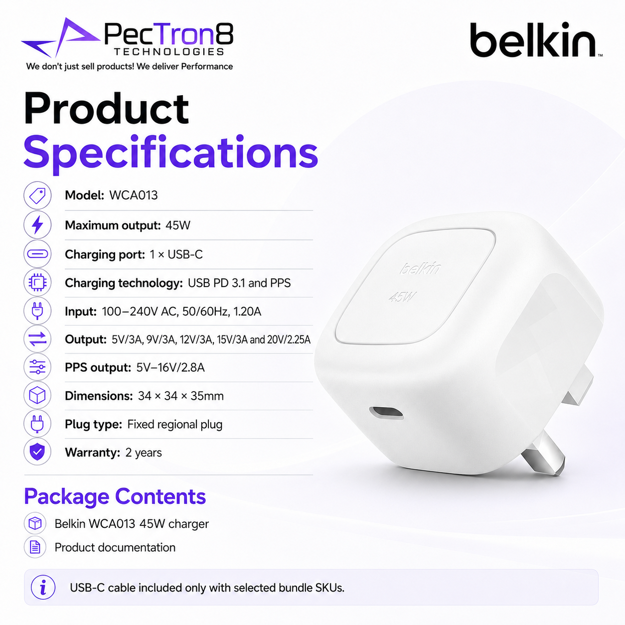 Belkin WCA013 Compact 45W USB-C Charger for iPhone, Samsung, iPad & Laptop