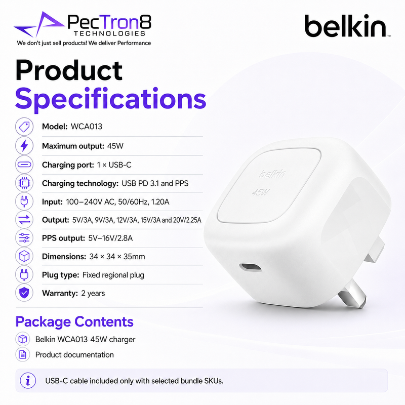 Belkin WCA013 Compact 45W USB-C Charger for iPhone, Samsung, iPad & Laptop