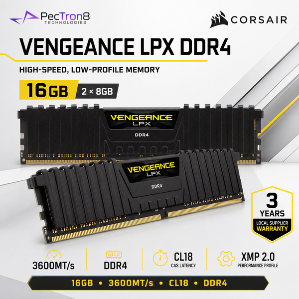 CORSAIR VENGEANCE LPX 16GB (2×8GB) DDR4 3600MT/s CL18 Desktop Memory Kit – Black | CMK16GX4M2D3600C18