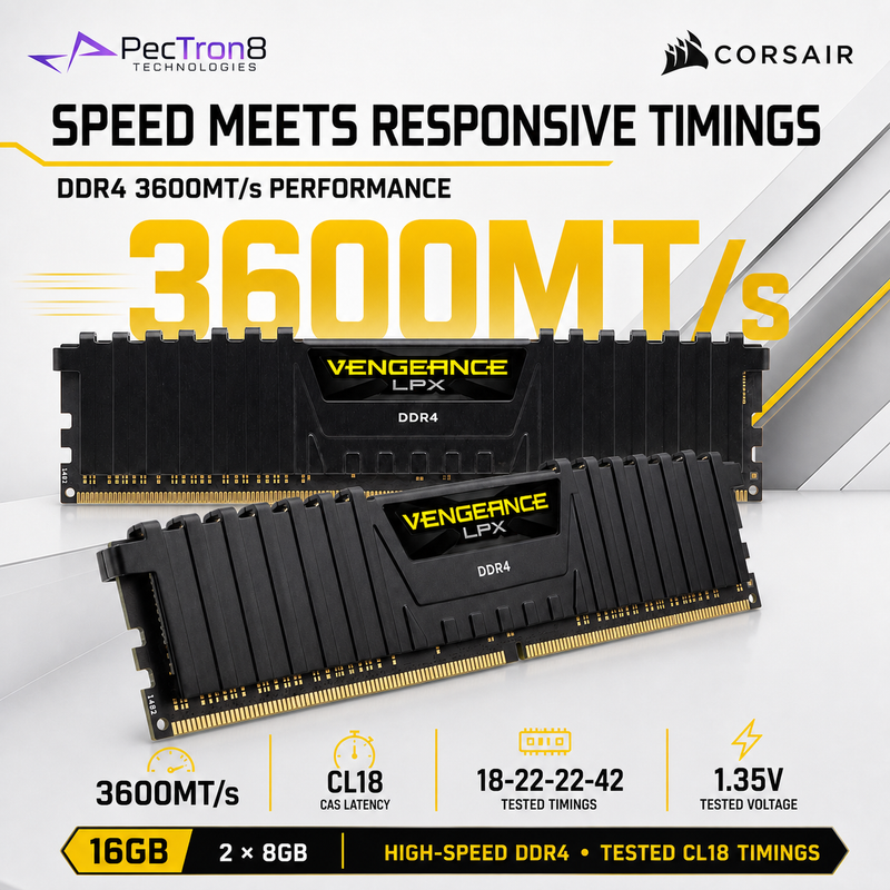 CORSAIR VENGEANCE LPX 16GB (2×8GB) DDR4 3600MT/s CL18 Desktop Memory Kit – Black | CMK16GX4M2D3600C18