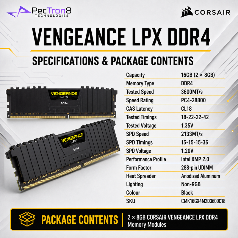 CORSAIR VENGEANCE LPX 16GB (2×8GB) DDR4 3600MT/s CL18 Desktop Memory Kit – Black | CMK16GX4M2D3600C18