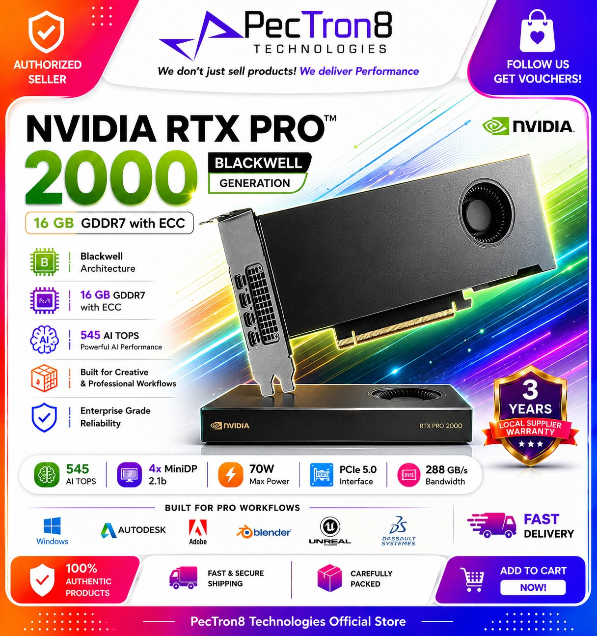 NVIDIA RTX PRO 2000 Blackwell 16GB GDDR7 ECC Workstation Graphics Card