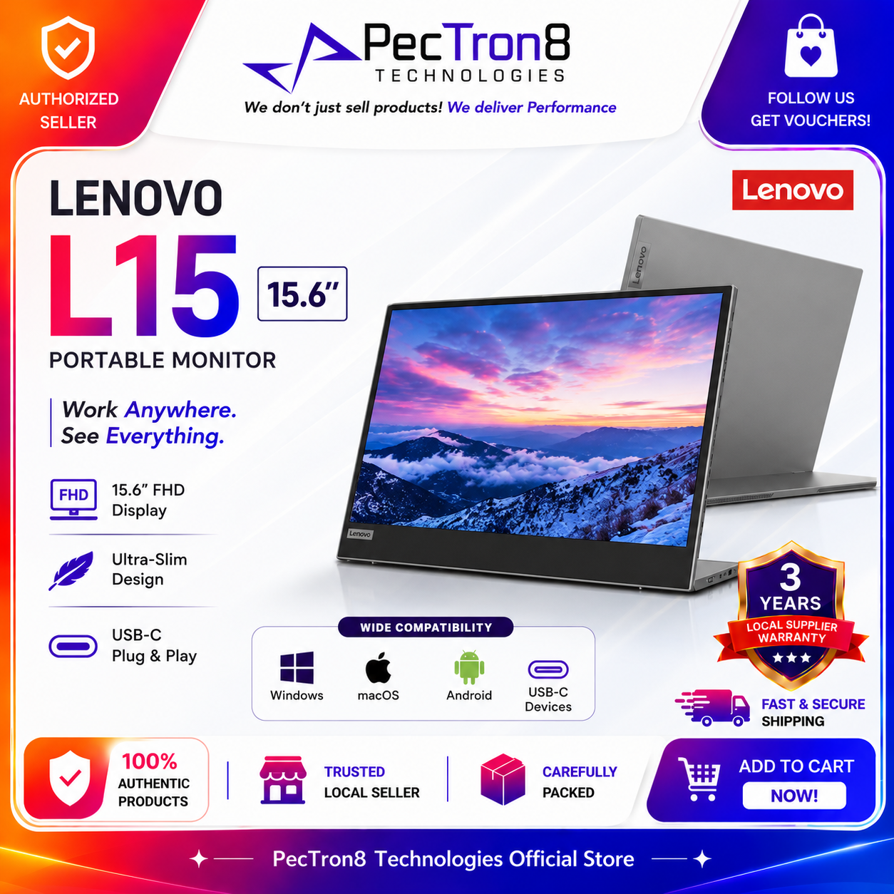 Lenovo L15 15.6 Inch FHD Portable Monitor USB-C Plug & Play Ultra-Slim IPS Display