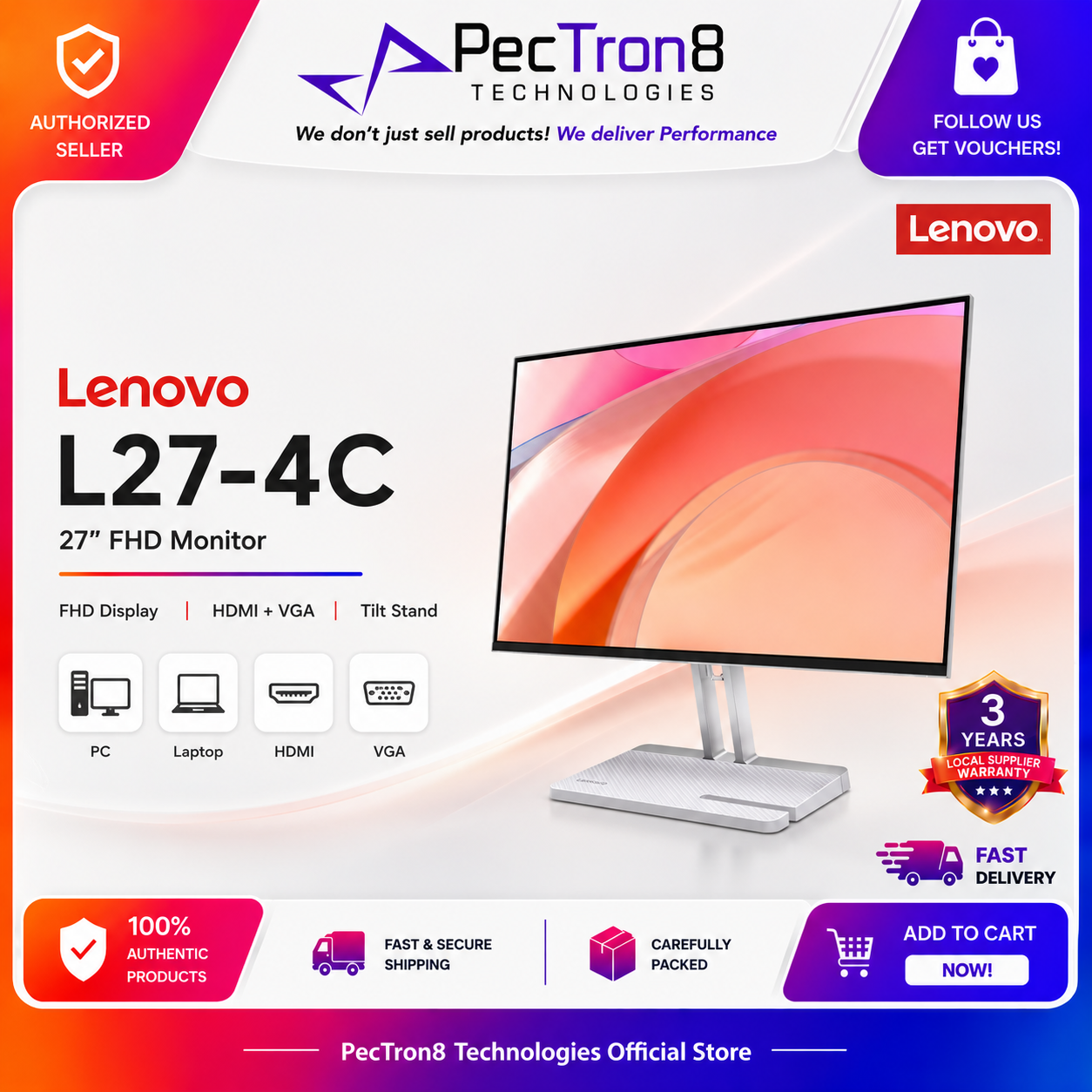 Lenovo L27-4C FHD 27 Inch Monitor for PC Laptop Office Study Home Use with HDMI VGA