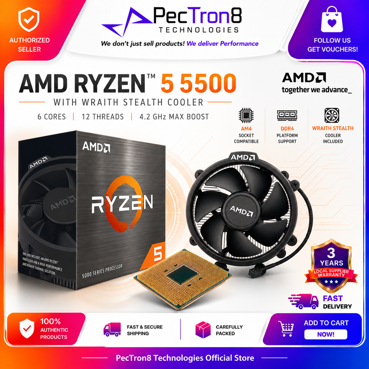 AMD Ryzen 5 5500 Processor 6 Cores 12 Threads AM4 4.2GHz with Wraith Stealth Cooler