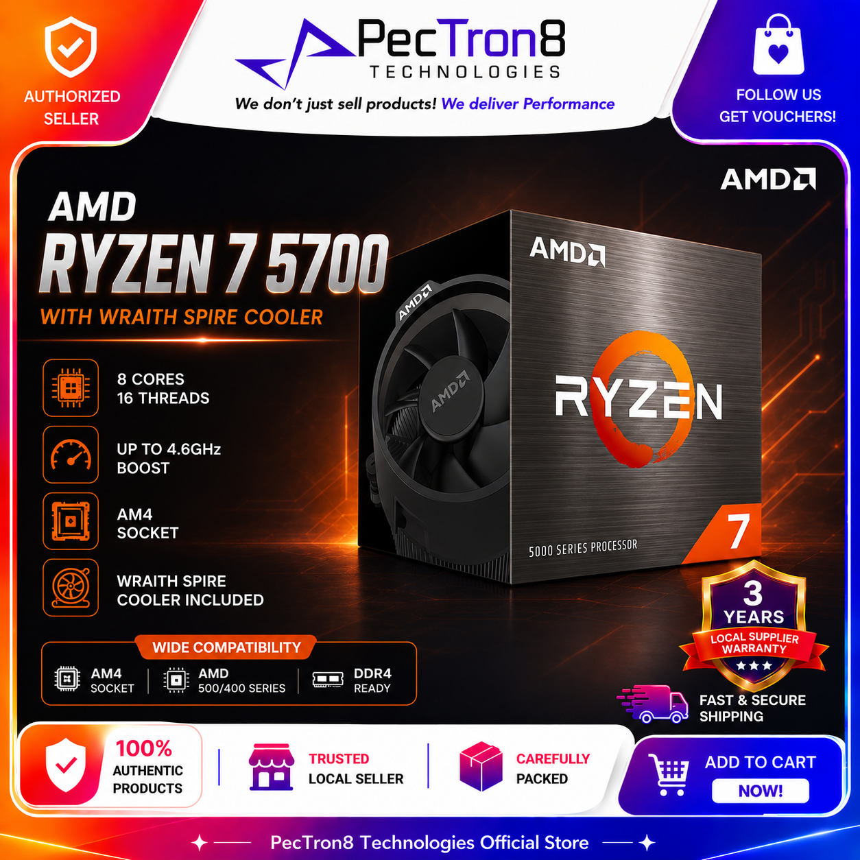 AMD Ryzen 7 5700 Desktop Processor 8 Cores 16 Threads AM4 Up to 4.6GHz with Wraith Spire Cooler