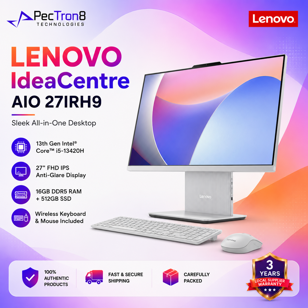 Lenovo IdeaCentre AIO 27IRH9 27” FHD IPS All-in-One PC i5-13420H 16GB DDR5 512GB SSD Win11 Wireless Keyboard Mouse