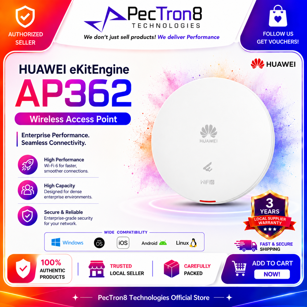 Huawei eKitEngine AP362 WiFi 6 AX3000 Wireless Access Point Dual Band PoE Gigabit Ceiling Wall Mount