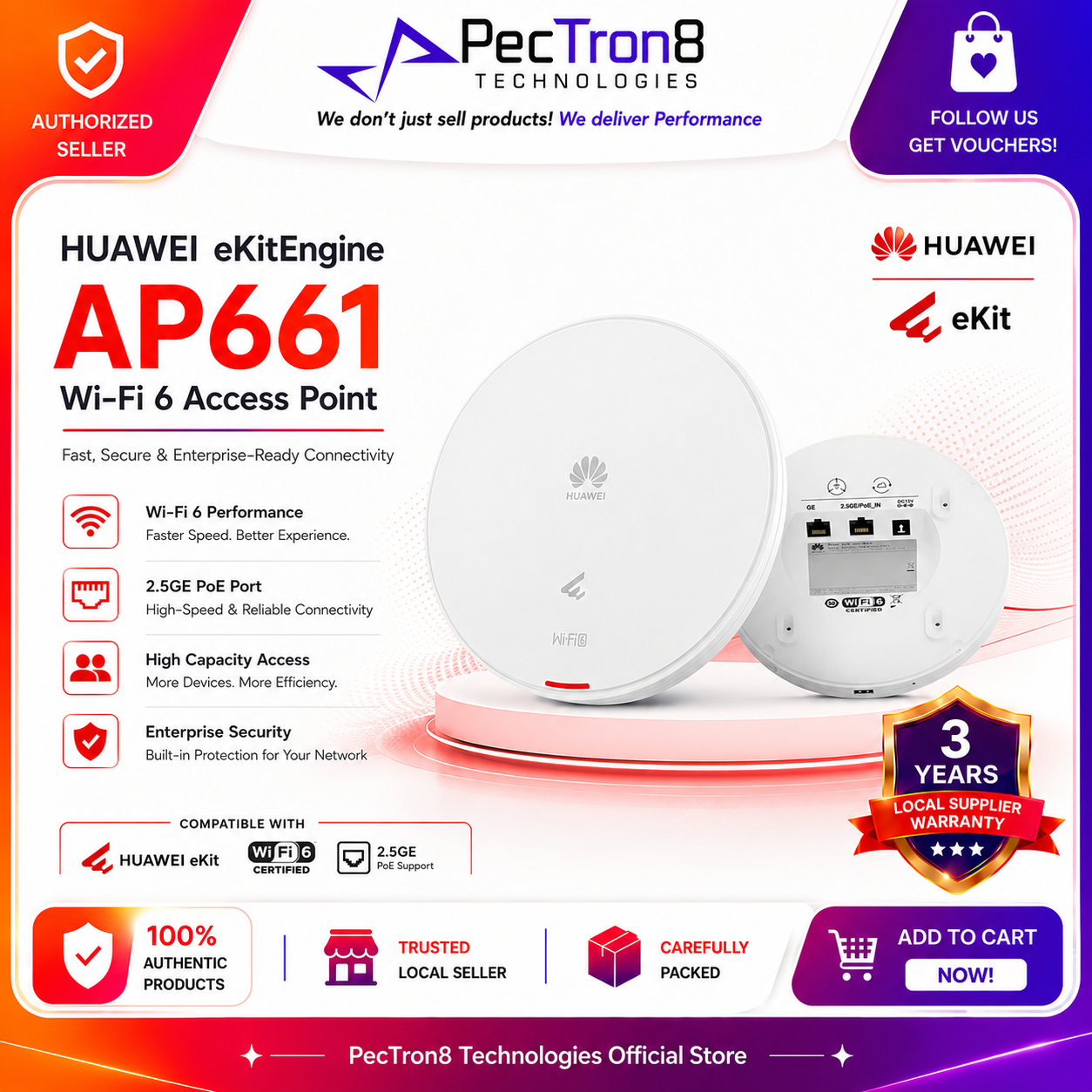 HUAWEI eKitEngine AP661 Wi-Fi 6 Access Point Tri-Radio 6.575Gbps 2.5GE PoE Indoor Ceiling AP