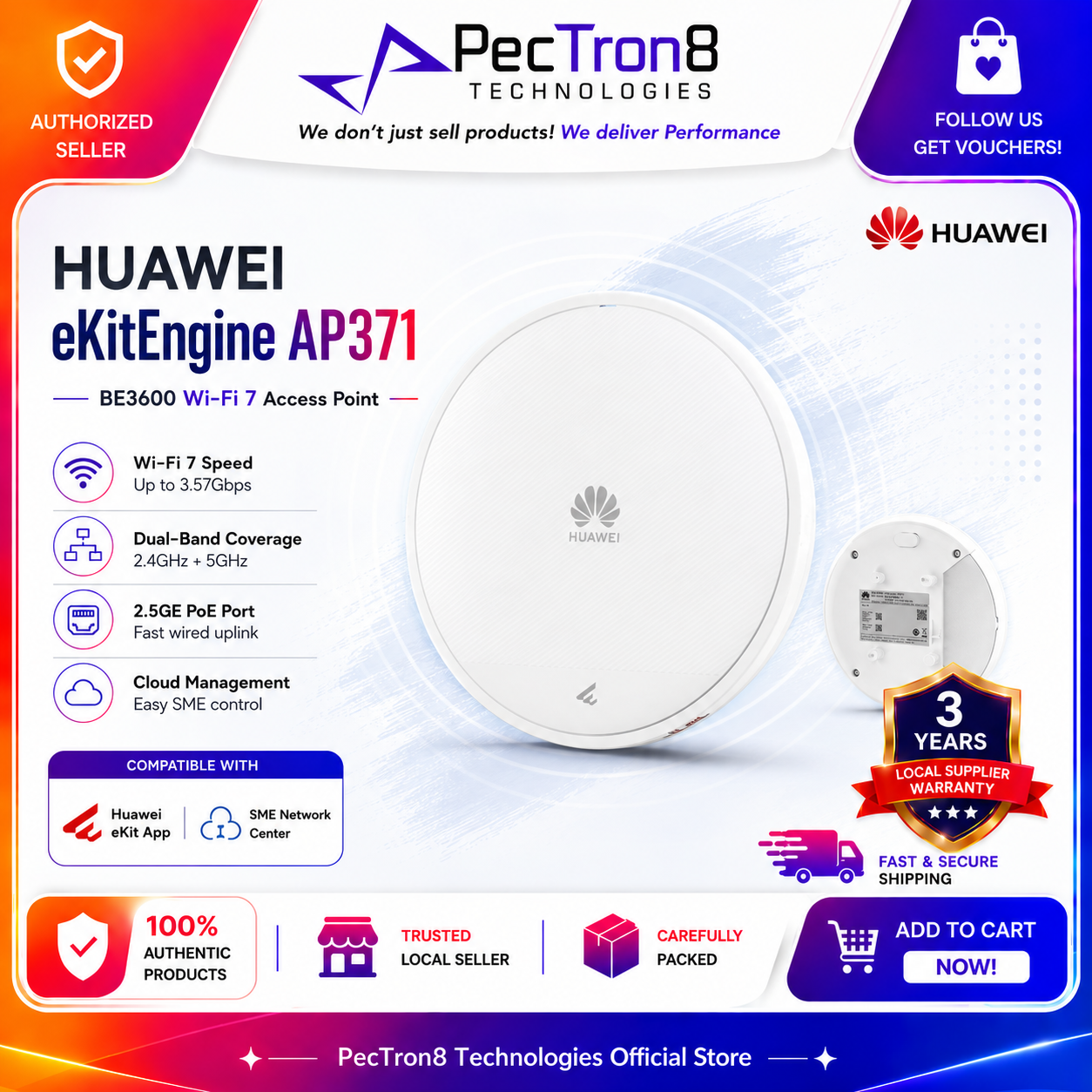 Huawei AP371 WiFi 7 Access Point BE3600 Dual Band 2.4GHz 5GHz 2.5GE PoE Indoor AP