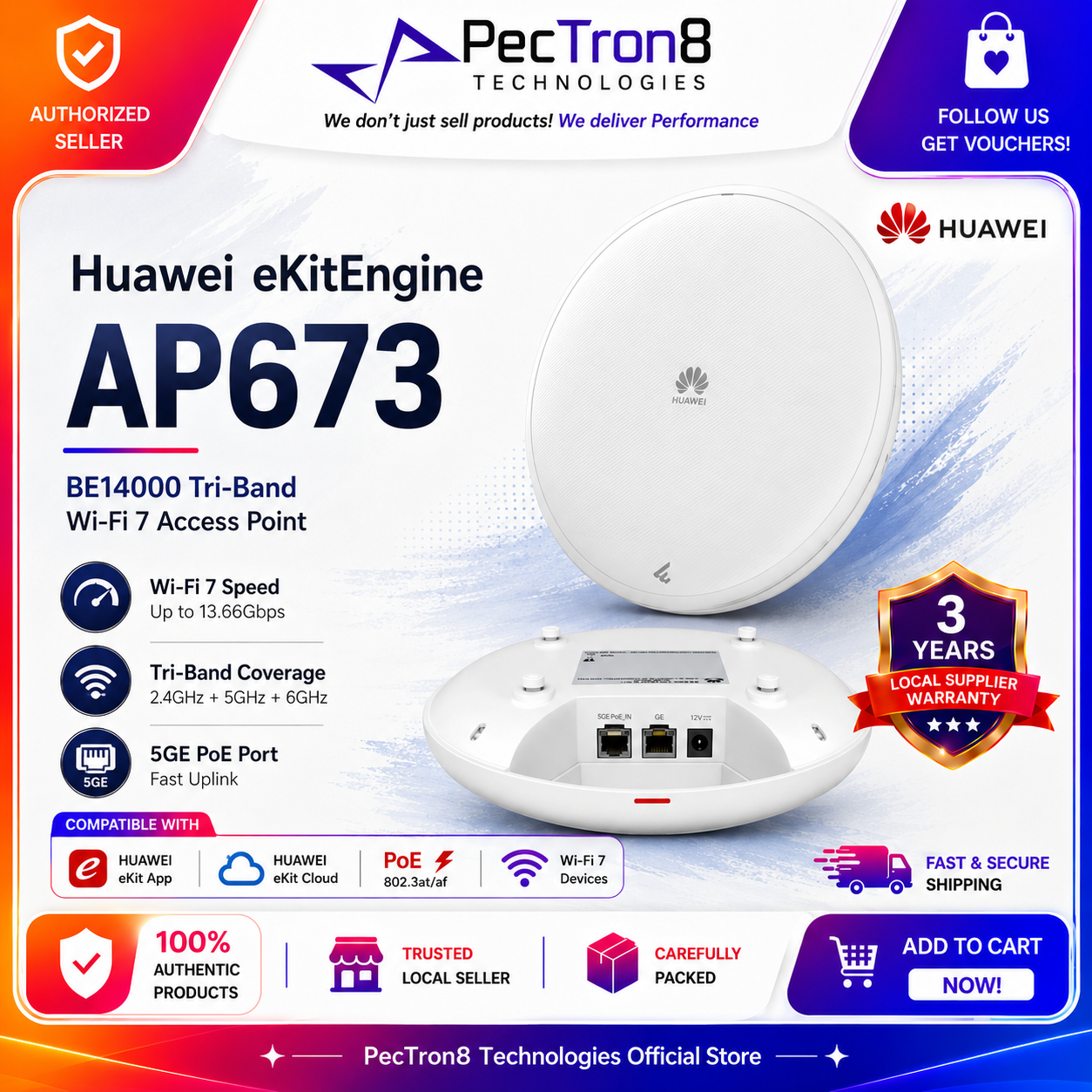 Huawei eKitEngine AP673 WiFi 7 Tri-Band Wireless Access Point 13.66Gbps 5GE PoE
