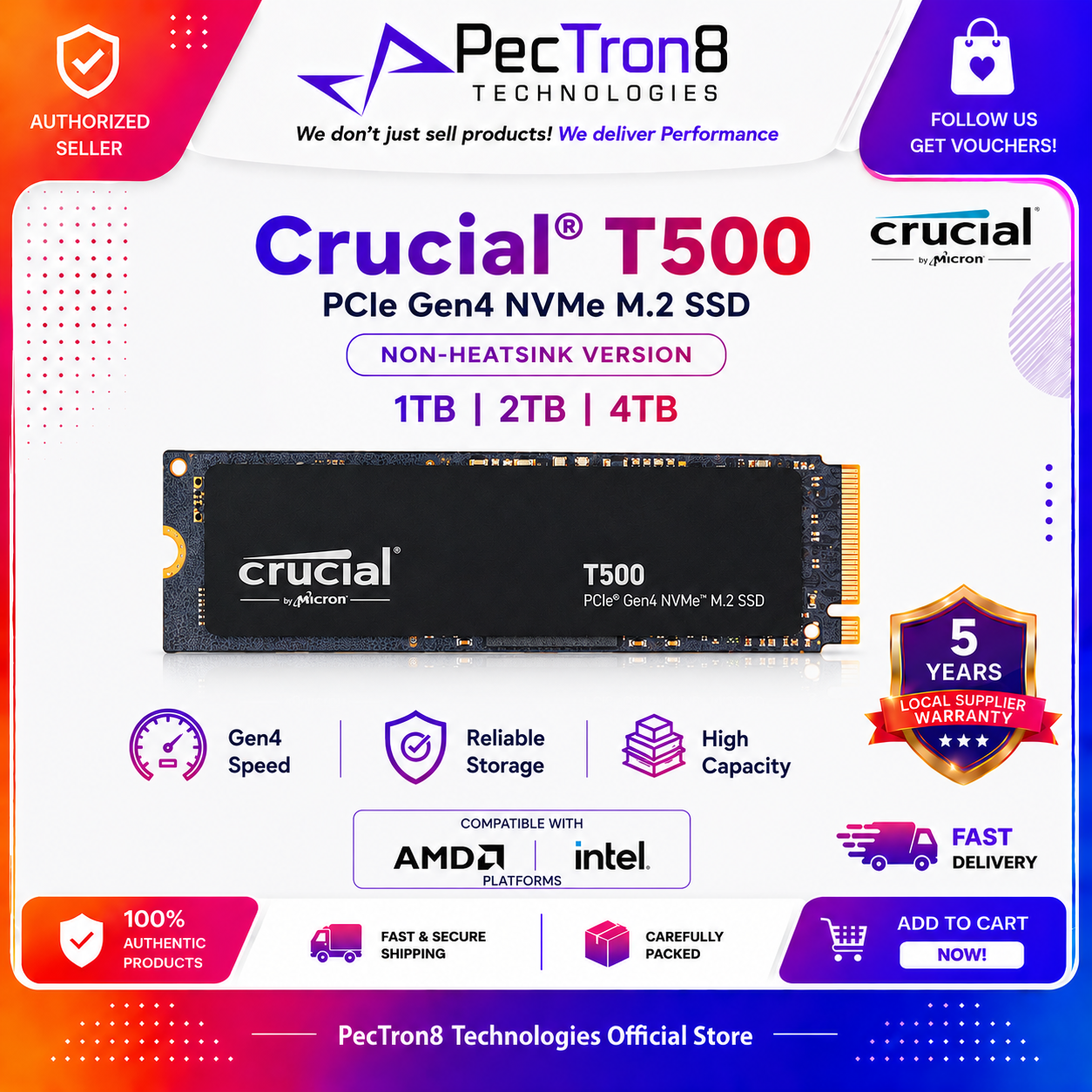 Crucial T500 PCIe Gen4 NVMe M.2 2280 SSD 1TB/2TB/4TB Non-Heatsink Internal SSD | Laptop Desktop Compatible | 5Y Warranty