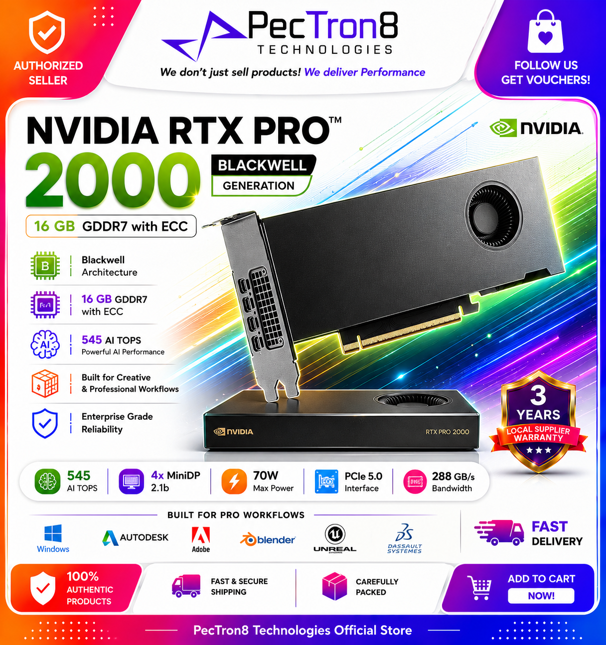 NVIDIA RTX PRO 2000 Blackwell 16GB GDDR7 ECC Workstation Graphics Card