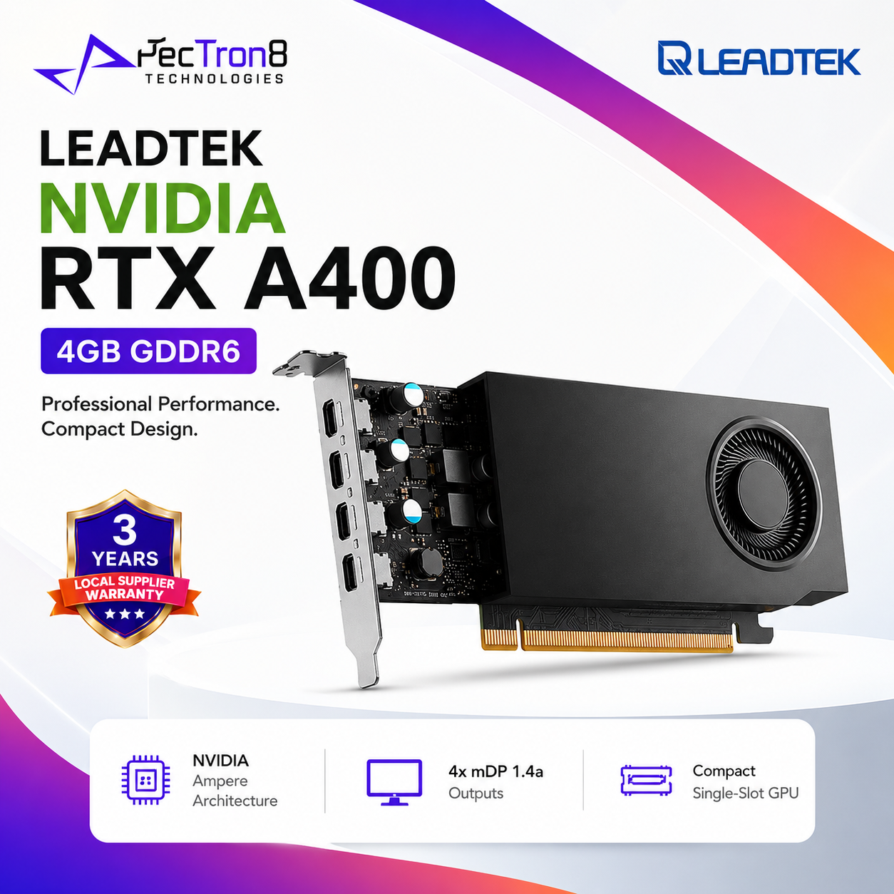NVIDIA RTX A400 4GB GDDR6 Leadtek Professional GPU 4x mDP 1.4a Single-Slot PCIe 4.0 x8