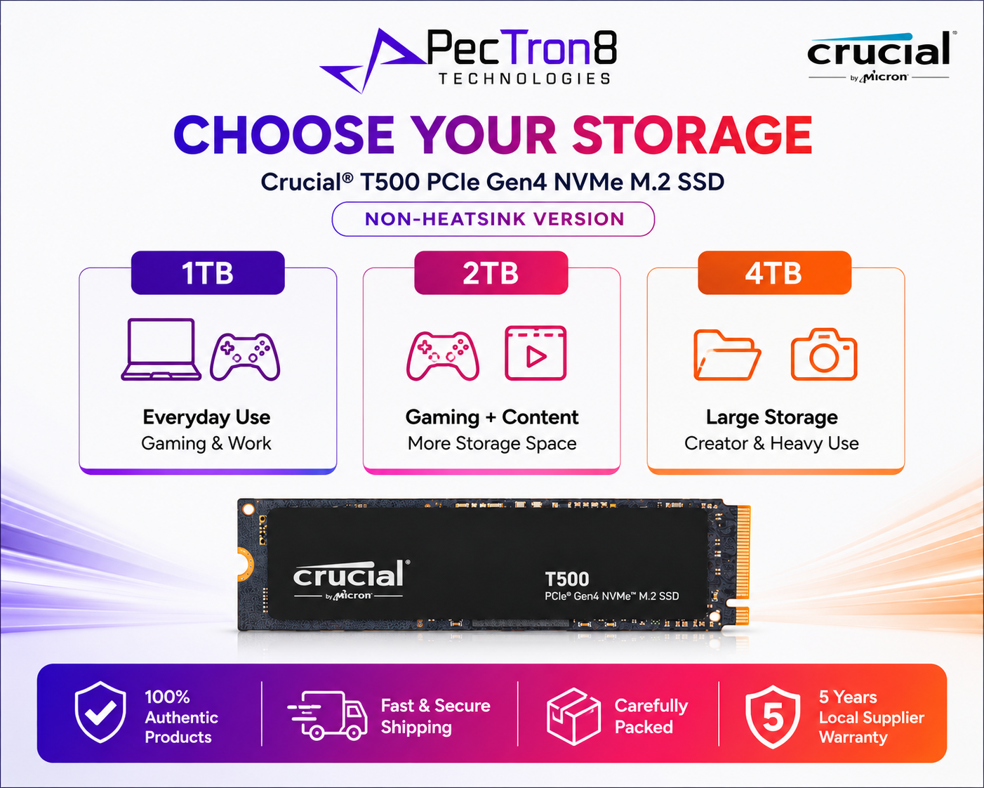 Crucial T500 PCIe Gen4 NVMe M.2 2280 SSD 1TB/2TB/4TB Non-Heatsink Internal SSD | Laptop Desktop Compatible | 5Y Warranty