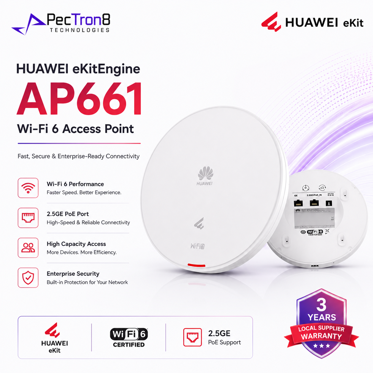 HUAWEI eKitEngine AP661 Wi-Fi 6 Access Point Tri-Radio 6.575Gbps 2.5GE PoE Indoor Ceiling AP