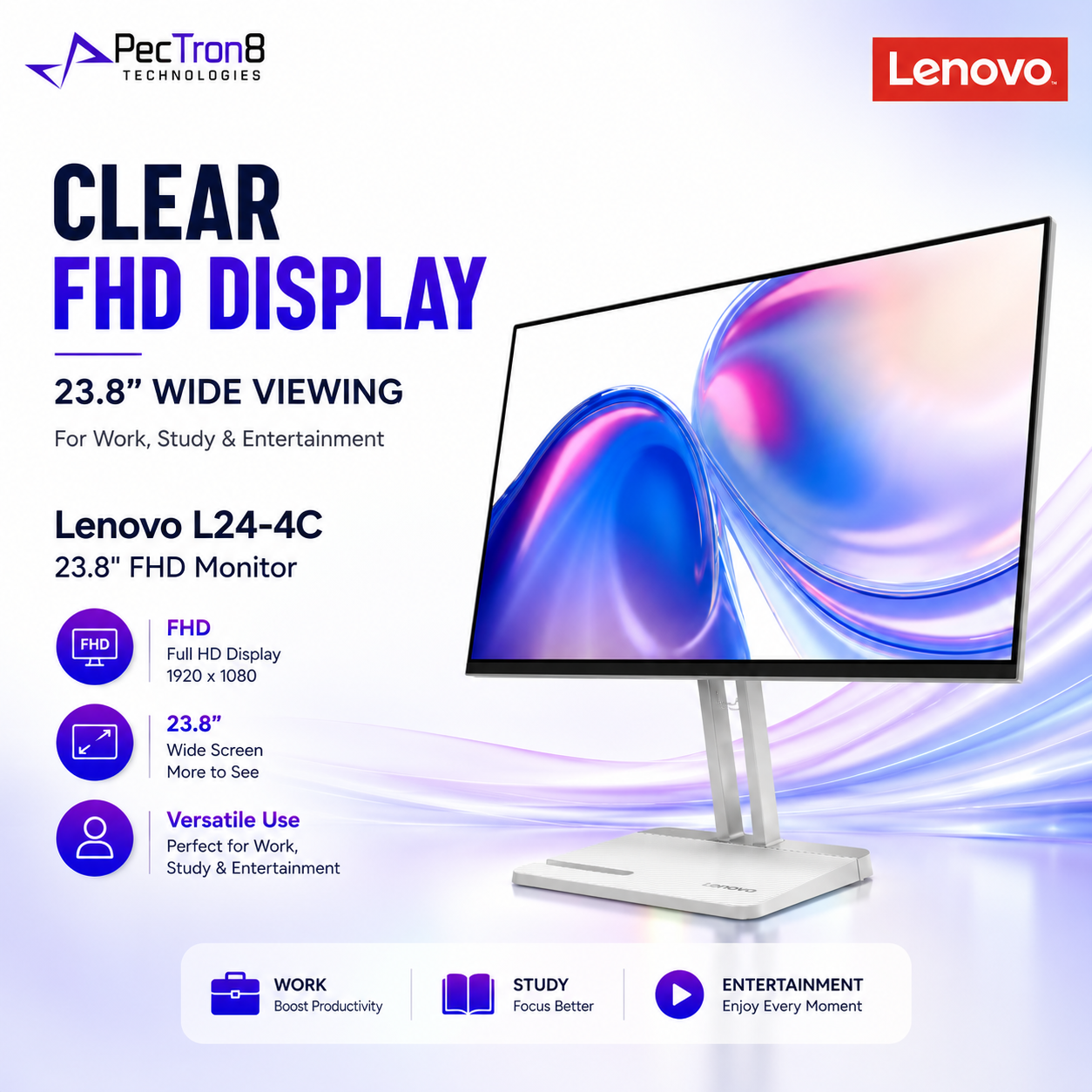 Lenovo L24-4C 23.8 Inch FHD Monitor HDMI VGA Audio Out Tilt Stand