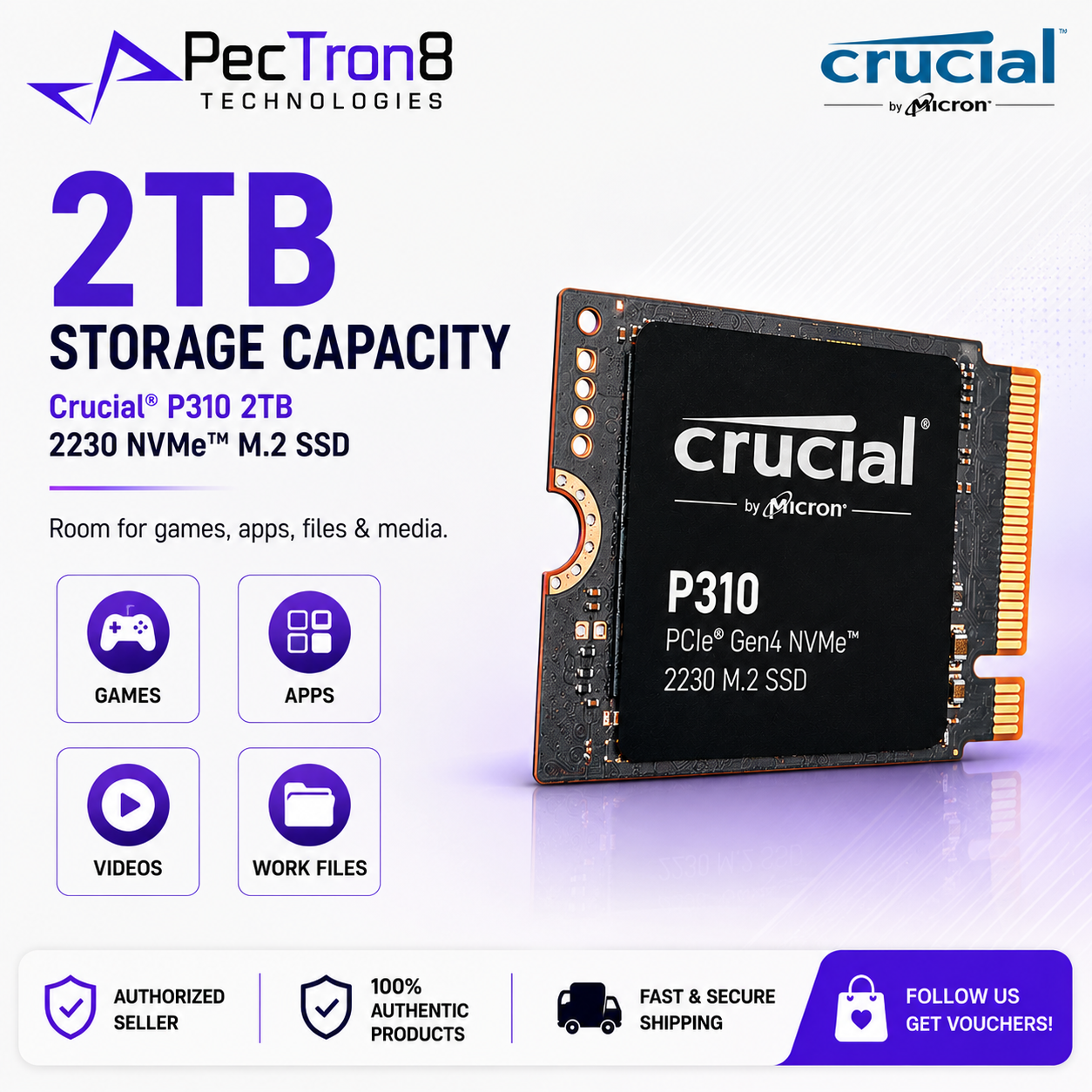 Crucial P310 2TB PCIe Gen4 NVMe M.2 2230 SSD for Compatible Handhelds, Laptops & Mini PCs