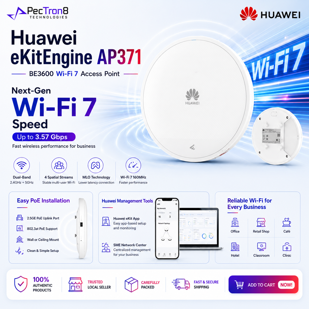 Huawei AP371 WiFi 7 Access Point BE3600 Dual Band 2.4GHz 5GHz 2.5GE PoE Indoor AP
