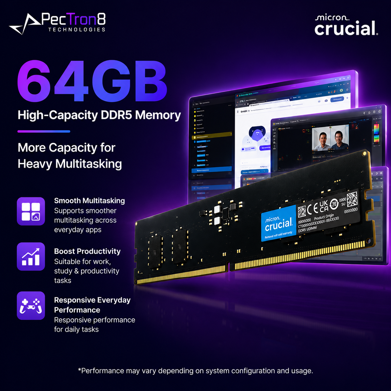 Crucial 64GB DDR5-5600 UDIMM Desktop RAM 288-Pin PC5-44800 Non-ECC Memory