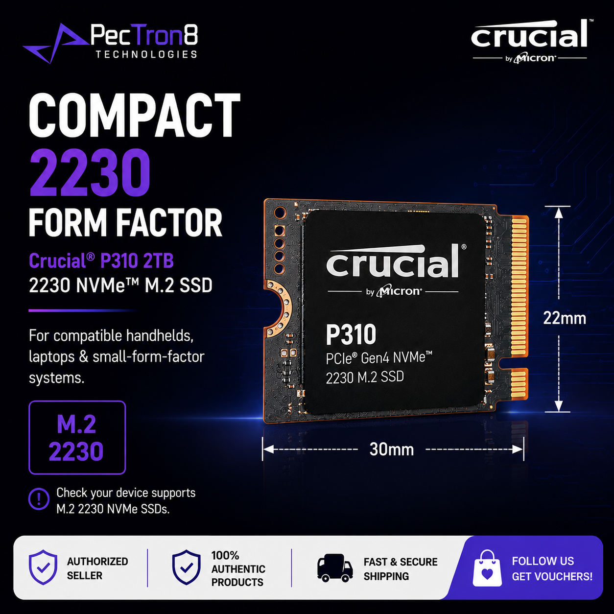 Crucial P310 2TB PCIe Gen4 NVMe M.2 2230 SSD for Compatible Handhelds, Laptops & Mini PCs