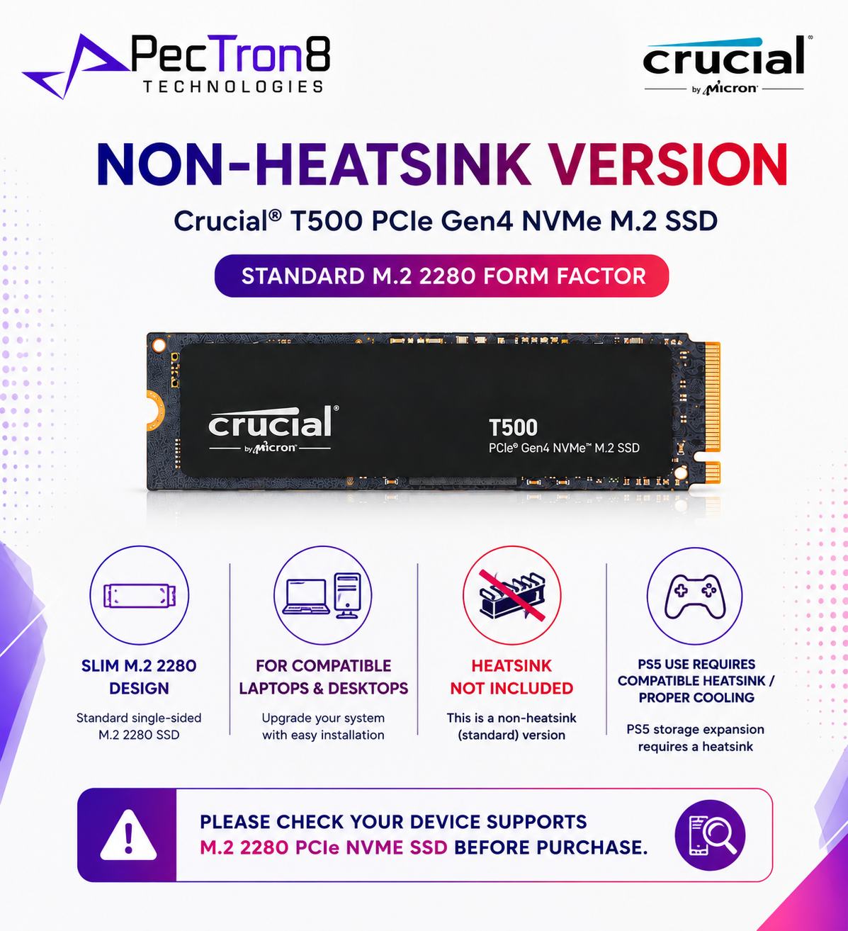 Crucial T500 PCIe Gen4 NVMe M.2 2280 SSD 1TB/2TB/4TB Non-Heatsink Internal SSD | Laptop Desktop Compatible | 5Y Warranty