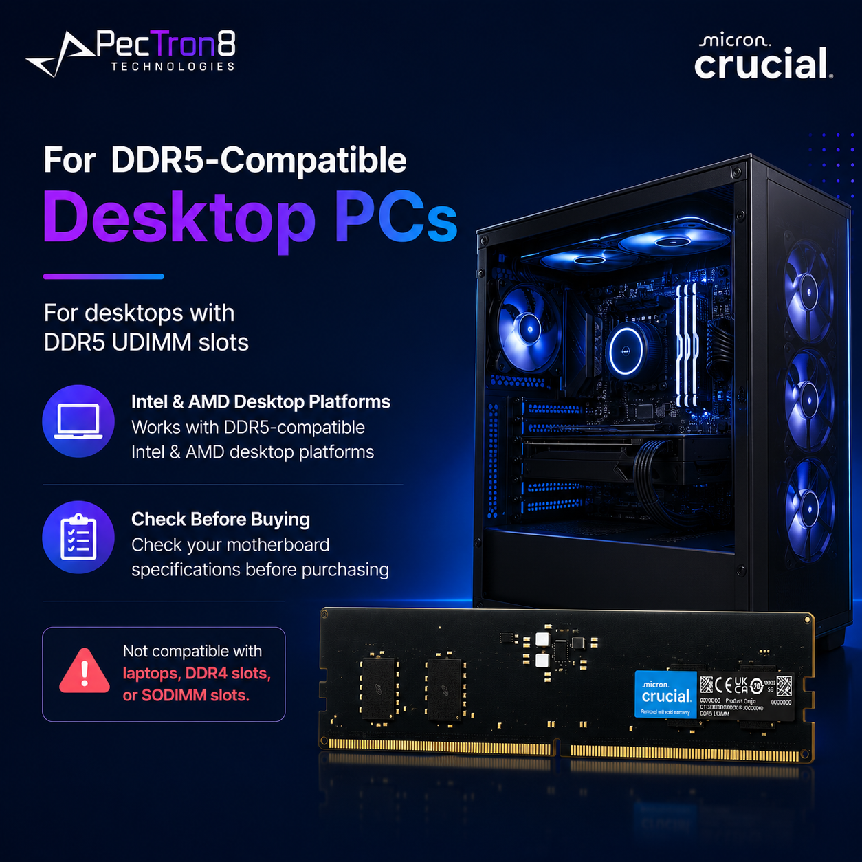 Crucial 64GB DDR5-5600 UDIMM Desktop RAM 288-Pin PC5-44800 Non-ECC Memory