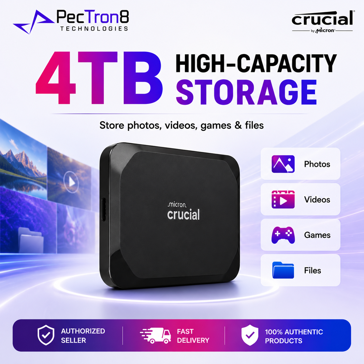 Crucial X9 4TB Portable SSD USB-C External Solid State Drive Up to 1050MB/s Read for Laptop PC Mac Android