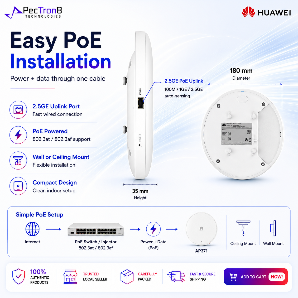 Huawei AP371 WiFi 7 Access Point BE3600 Dual Band 2.4GHz 5GHz 2.5GE PoE Indoor AP